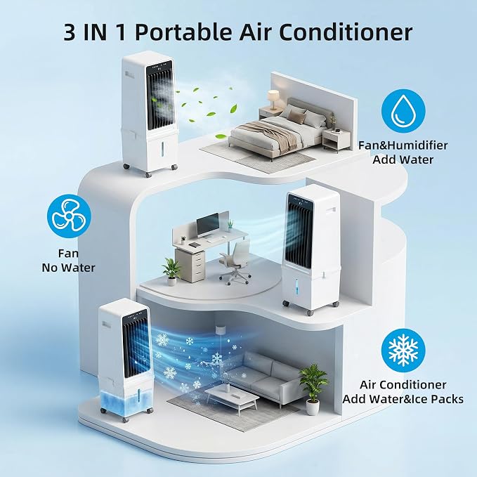 1800CFM Windowless Portable Air Conditioners, Swamp Cooler with Ambient Light, 4 Gal Detachable Tank, Evaporative Air Cooler