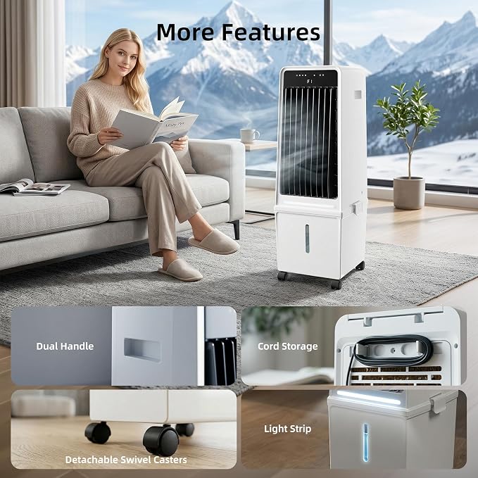 1800CFM Windowless Portable Air Conditioners, Swamp Cooler with Ambient Light, 4 Gal Detachable Tank, Evaporative Air Cooler