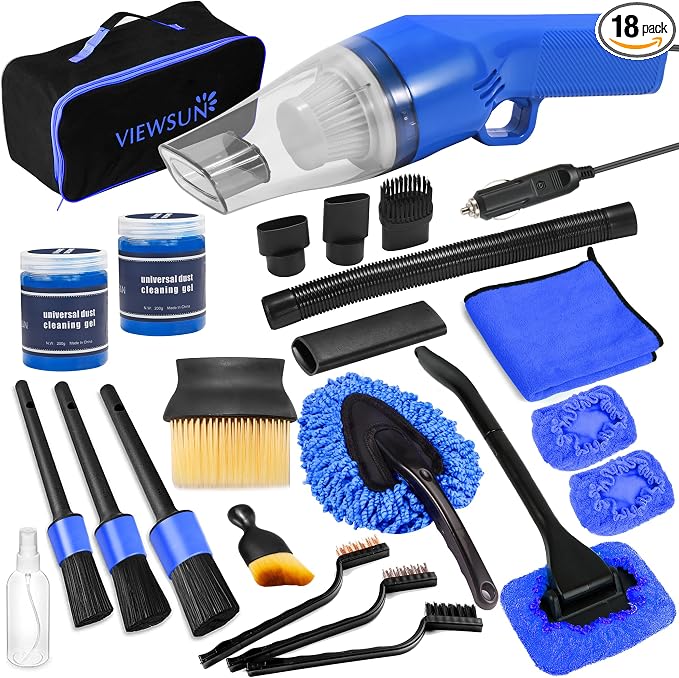 18PCS Car Cleaning Kit, Car Interior Detailing Kit with Blue High Power Handheld Vacuum, Detailing Brush Set, Windshield