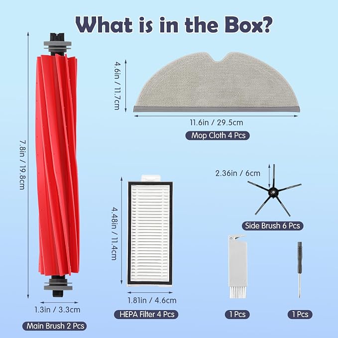 18Pcs Q7 Accessories Kit Replacement Compatible with Q7 / Q7+ / Q7 Max / Q7 Max+ Robot Vacuum, 2 Main Brush, 4 Mop
