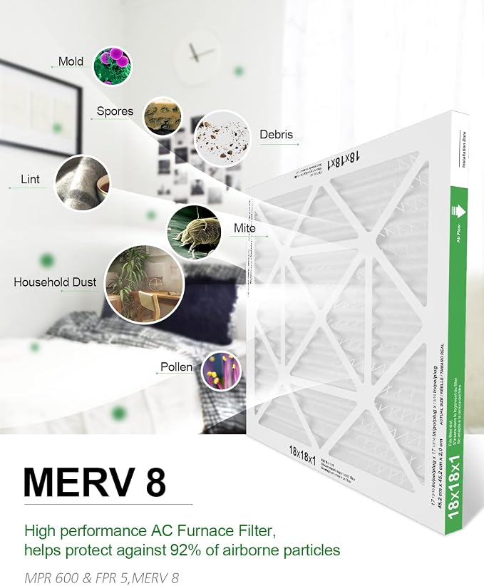 18x18x1 Air Filter 6 Pack, Durable MERV 8 Pleated Home HVAC AC Furnace Filters, Lightweight Compact Air Conditioner Filter