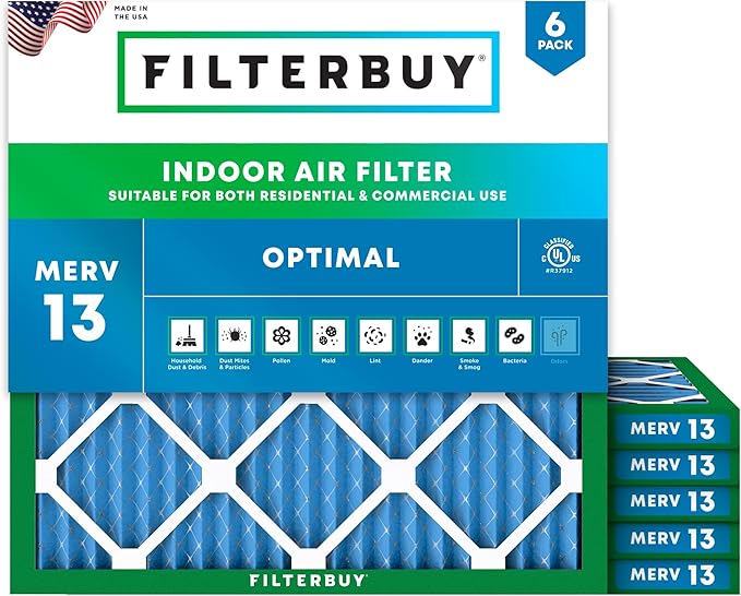 18x18x1 Air Filter MERV 13 Optimal Smoke & Allergy Defense (6-Pack), Electrostatic Pleated HVAC AC Furnace