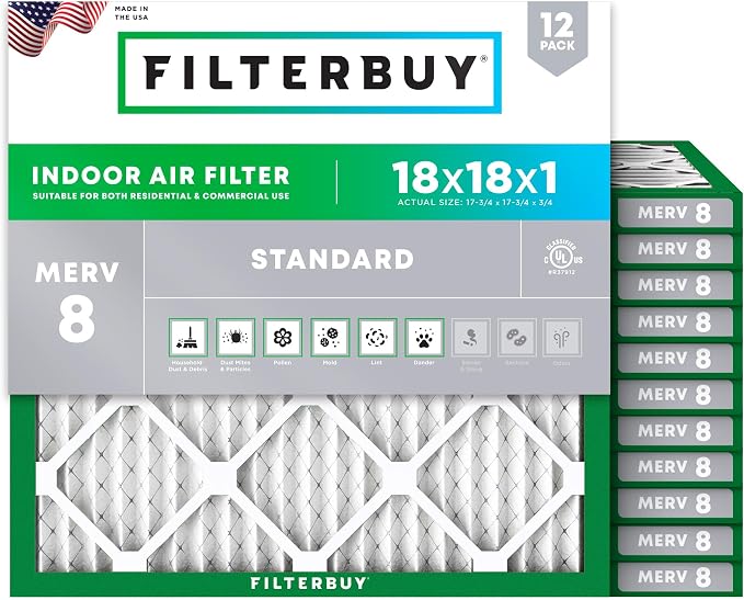18x18x1 Air Filter MERV 8 Essential Dust & Allergy Defense (12-Pack), Electrostatic Pleated HVAC AC Furnace