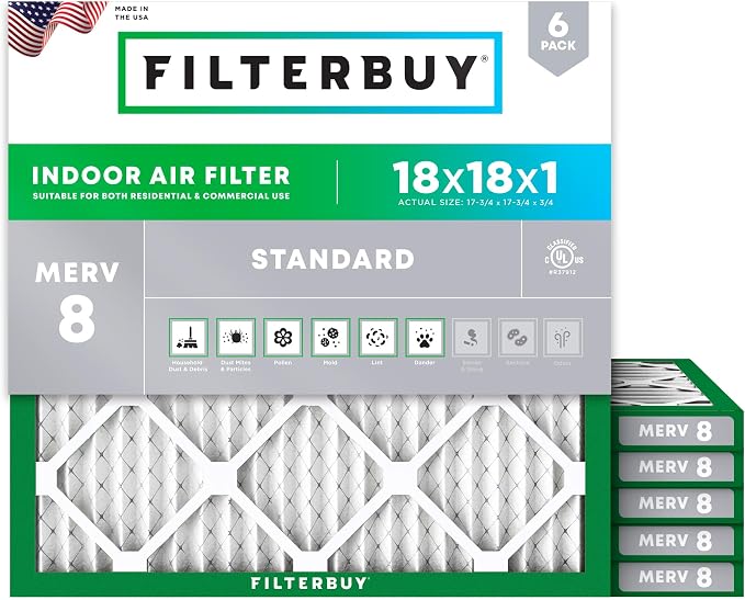 18x18x1 Air Filter MERV 8 Essential Dust & Allergy Defense (6-Pack), Electrostatic Pleated HVAC AC Furnace