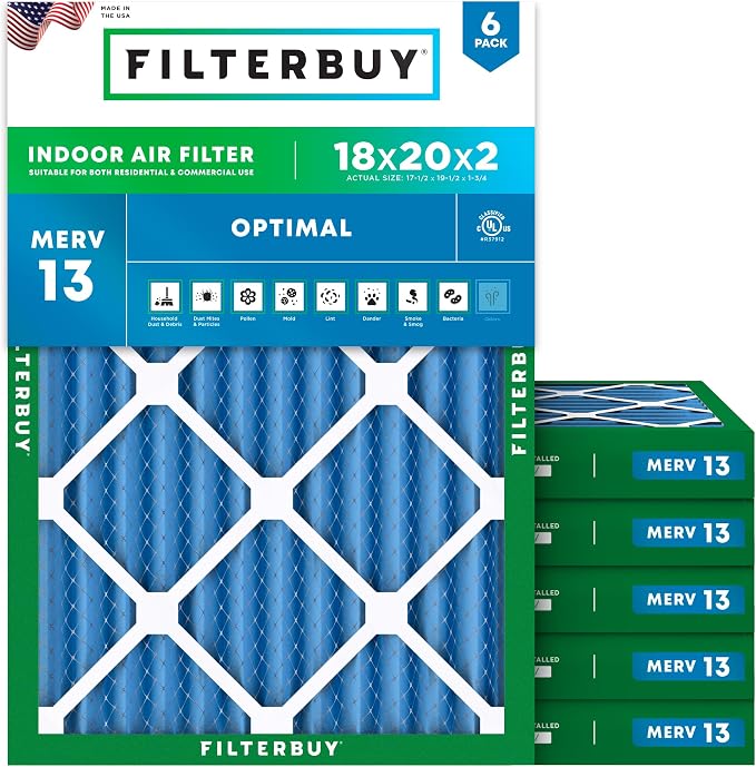 18x20x2 Air Filter MERV 13 Optimal Smoke & Allergy Defense (6-Pack), Electrostatic Pleated HVAC AC Furnace