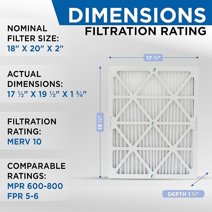 18x20x2 MERV 10 (FPR 5-6) 2" Inch Pleated Air Filters Box of 6. Actual Size: 17-1/2 x 19-1/2 x 1-3/4, alternate product view