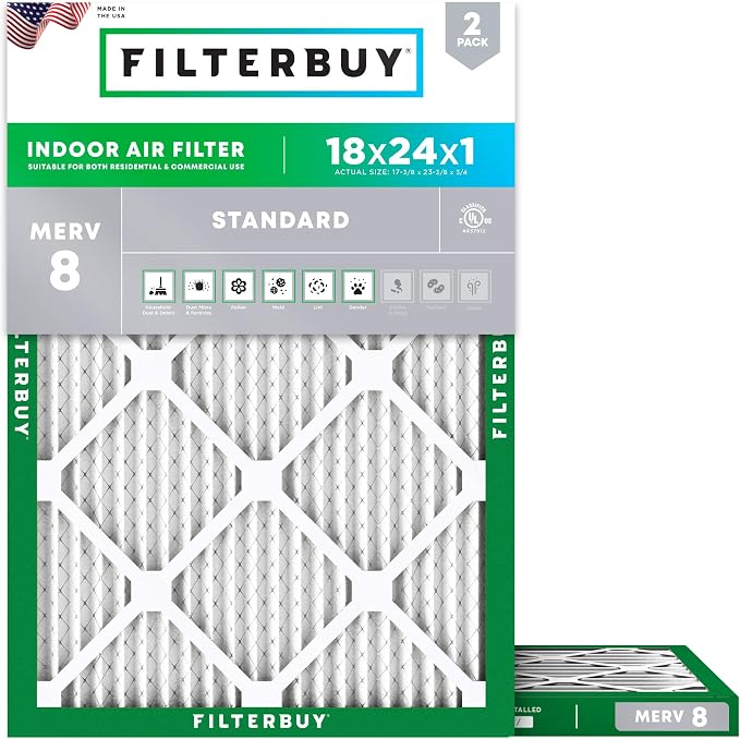 18x24x1 Air Filter MERV 8 Essential Dust & Allergy Defense (2-Pack), Electrostatic Pleated HVAC AC Furnace Filters