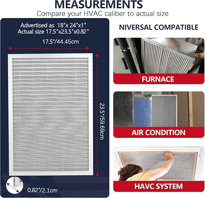 18x24x1 Air Filter, Washable & Reusable Aluminum AC/HVAC Furnace Electrostatic Filter, Lifetime Permanent Air Filter