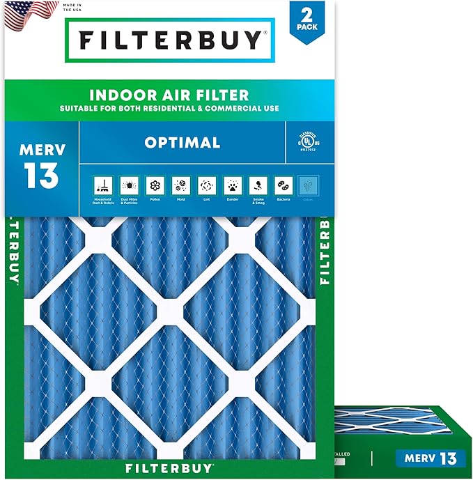18x24x2 Air Filter MERV 13 Optimal Smoke & Allergy Defense (2-Pack), Electrostatic Pleated HVAC AC Furnace Filters