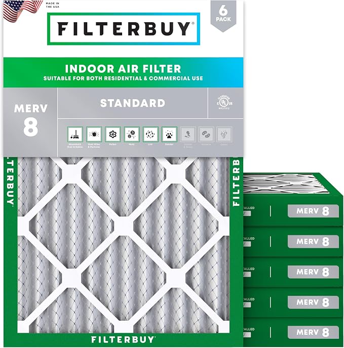 18x25x2 Air Filter MERV 8 Essential Dust & Allergy Defense (6-Pack), Electrostatic Pleated HVAC AC Furnace