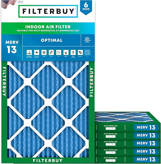 18x36x1 Air Filter MERV 13 Optimal Smoke & Allergy Defense (6-Pack), Electrostatic Pleated HVAC AC Furnace