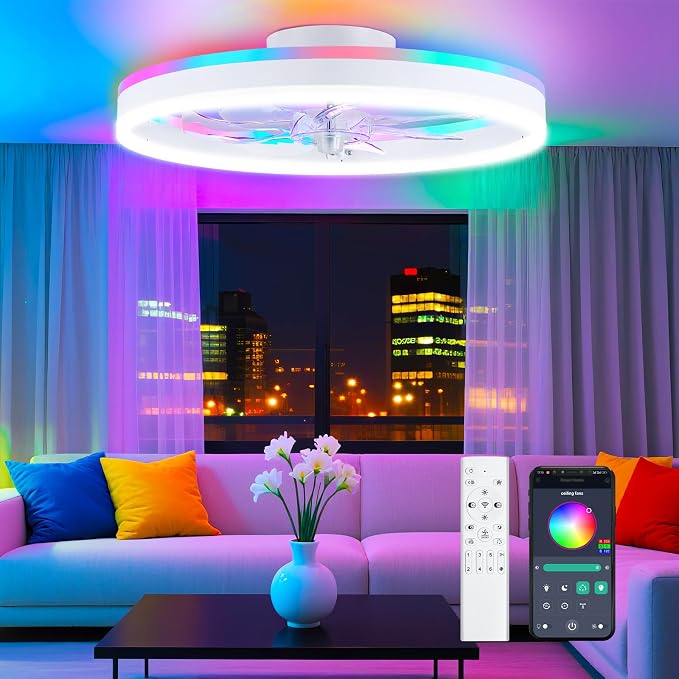 19.7" Ceiling Fans with Lights, Smart RGB Color Changing Low Profile Ceiling Fan, Modern Flush Mount Fandelier with Remote