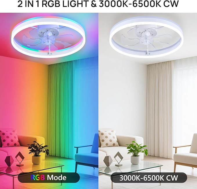 19.7" Ceiling Fans with Lights, Smart RGB Color Changing Low Profile Ceiling Fan, Modern Flush Mount Fandelier with Remote