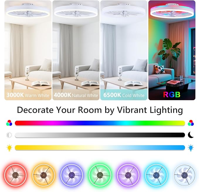 19.7" Ceiling Fans with Lights, Smart RGB Color Changing Low Profile Ceiling Fan, Modern Flush Mount Fandelier with Remote