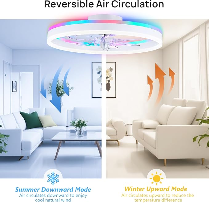 19.7" Ceiling Fans with Lights, Smart RGB Color Changing Low Profile Ceiling Fan, Modern Flush Mount Fandelier with Remote