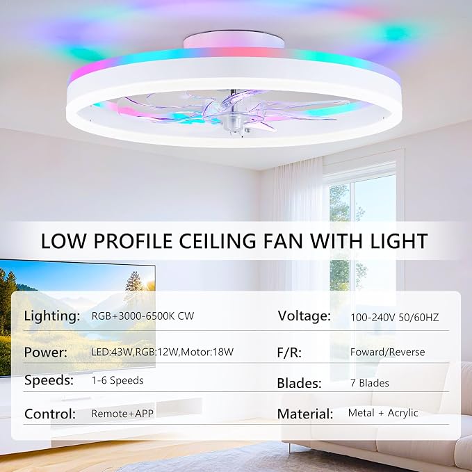 19.7" Ceiling Fans with Lights, Smart RGB Color Changing Low Profile Ceiling Fan, Modern Flush Mount Fandelier with Remote