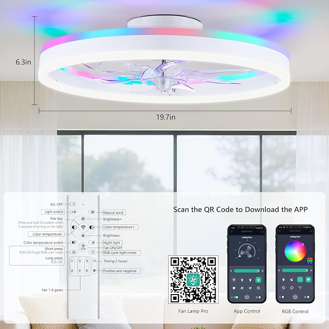 19.7" Ceiling Fans with Lights, Smart RGB Color Changing Low Profile Ceiling Fan, Modern Flush Mount Fandelier with Remote