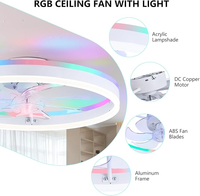 19.7" Ceiling Fans with Lights, Smart RGB Color Changing Low Profile Ceiling Fan, Modern Flush Mount Fandelier with Remote