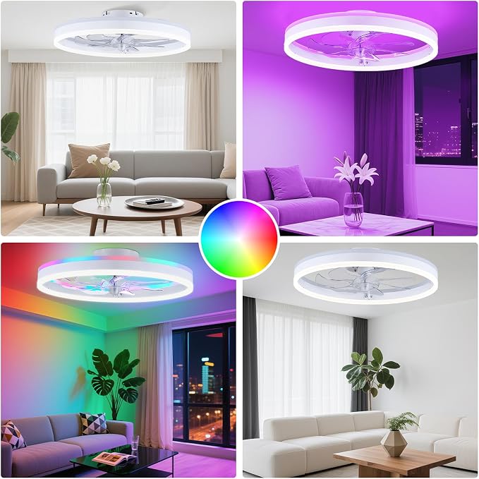 19.7" Ceiling Fans with Lights, Smart RGB Color Changing Low Profile Ceiling Fan, Modern Flush Mount Fandelier with Remote