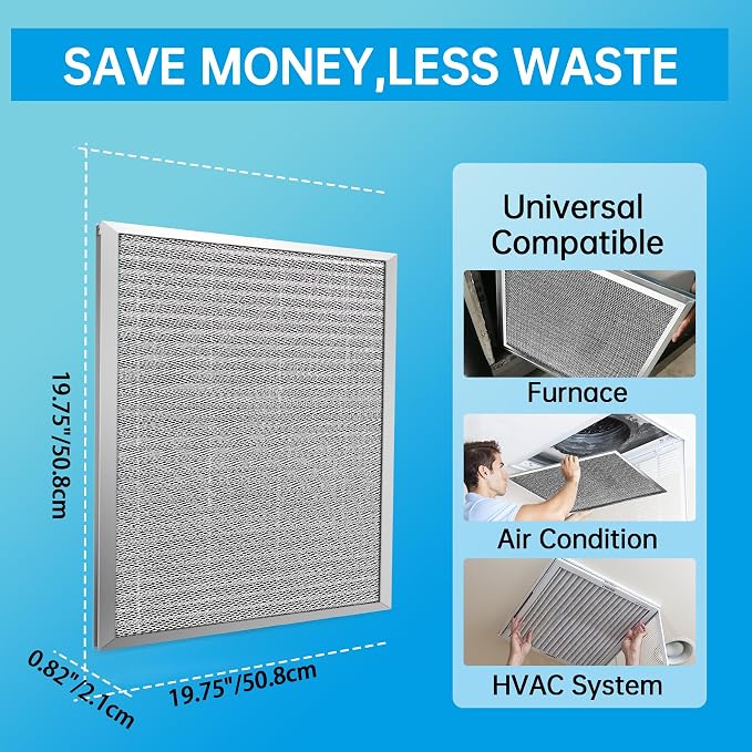 19.75x19.75x0.82 Inch Reusable Air Filter - Washable, MERV 8, Permanent, Electrostatic - Lasts a Lifetime - Enjoy Fresher Air