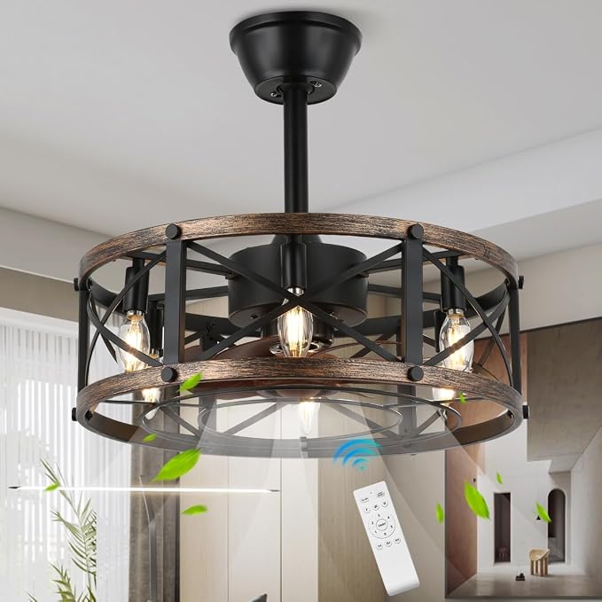 19" Farmhouse Fandelier Ceiling Fan with Light, Caged Bladeless Ceiling Fans with Lights and Remote, Modern Small Enclosed