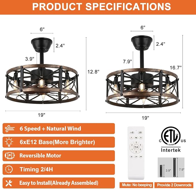 19" Farmhouse Fandelier Ceiling Fan with Light, Caged Bladeless Ceiling Fans with Lights and Remote, Modern Small Enclosed