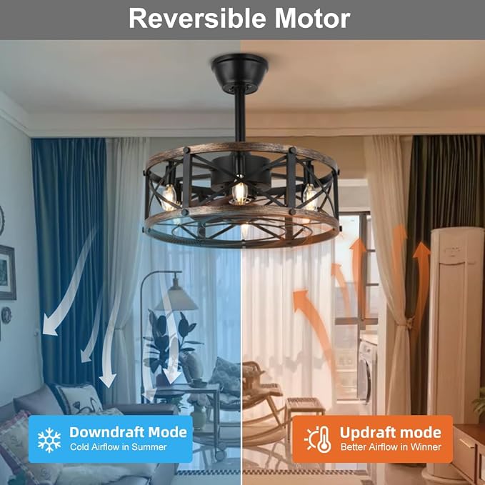 19" Farmhouse Fandelier Ceiling Fan with Light, Caged Bladeless Ceiling Fans with Lights and Remote, Modern Small Enclosed