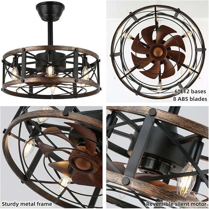 19" Farmhouse Fandelier Ceiling Fan with Light, Caged Bladeless Ceiling Fans with Lights and Remote, Modern Small Enclosed