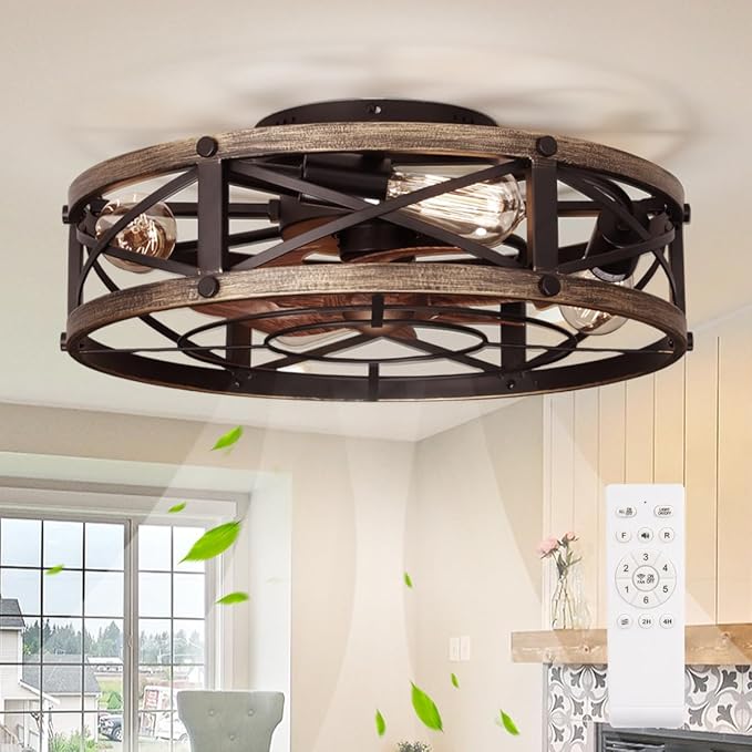 19" Farmhouse Flush Mount Caged Ceiling Fans with Lights, Fandelier Rustic Low Profile Ceiling Fan with Light and Remote