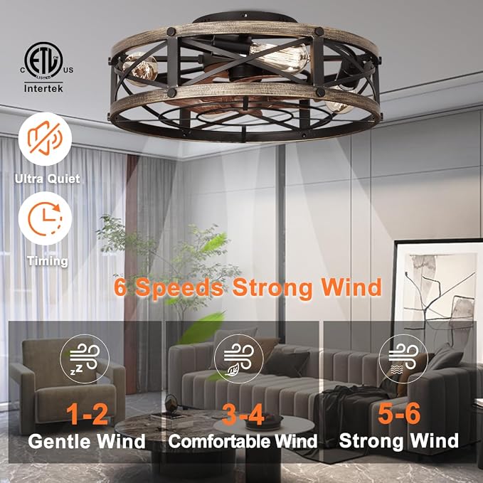 19" Farmhouse Flush Mount Caged Ceiling Fans with Lights, Fandelier Rustic Low Profile Ceiling Fan with Light and Remote