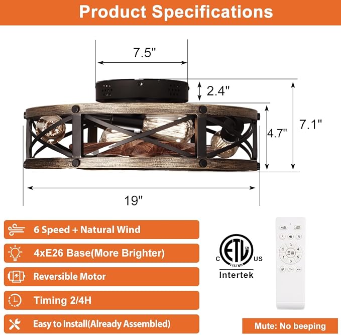 19" Farmhouse Flush Mount Caged Ceiling Fans with Lights, Fandelier Rustic Low Profile Ceiling Fan with Light and Remote
