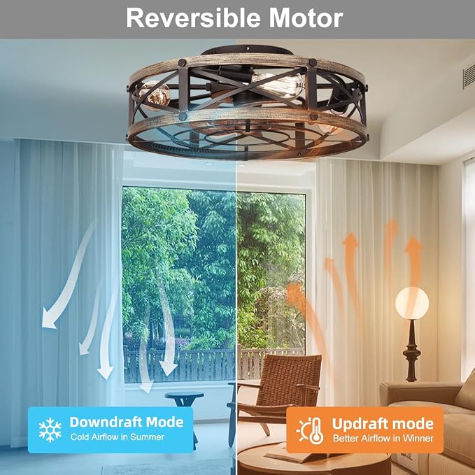 19" Farmhouse Flush Mount Caged Ceiling Fans with Lights, Fandelier Rustic Low Profile Ceiling Fan with Light and Remote
