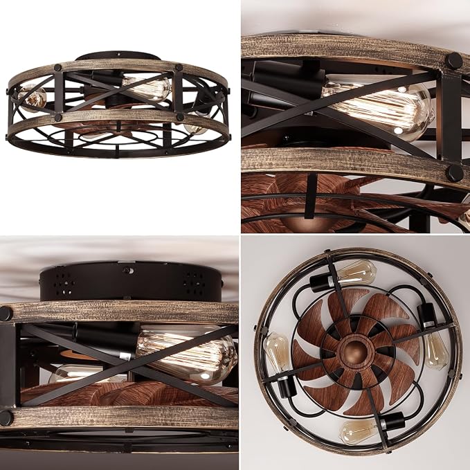 19" Farmhouse Flush Mount Caged Ceiling Fans with Lights, Fandelier Rustic Low Profile Ceiling Fan with Light and Remote