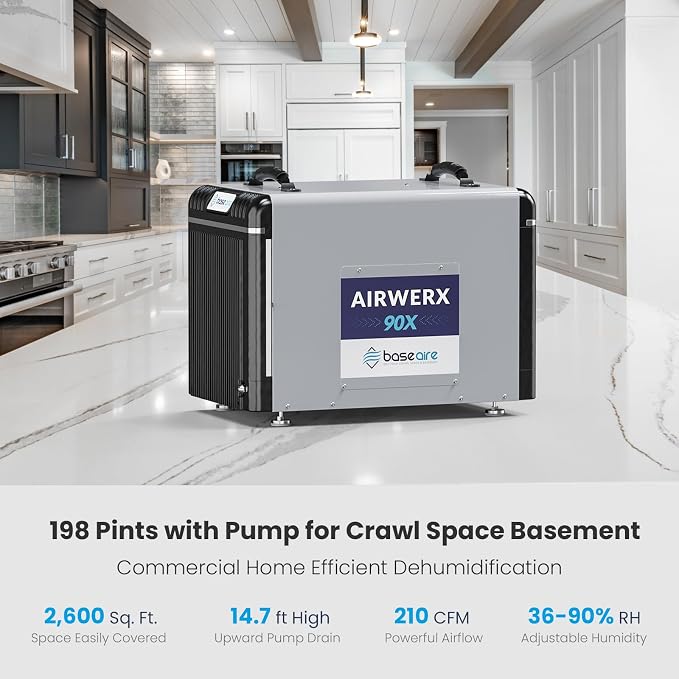198 Pints Dehumidifier with Pump for Crawl Space, Basement, Portable AirWerx90X Commercial Dehumidifier for Whole Home