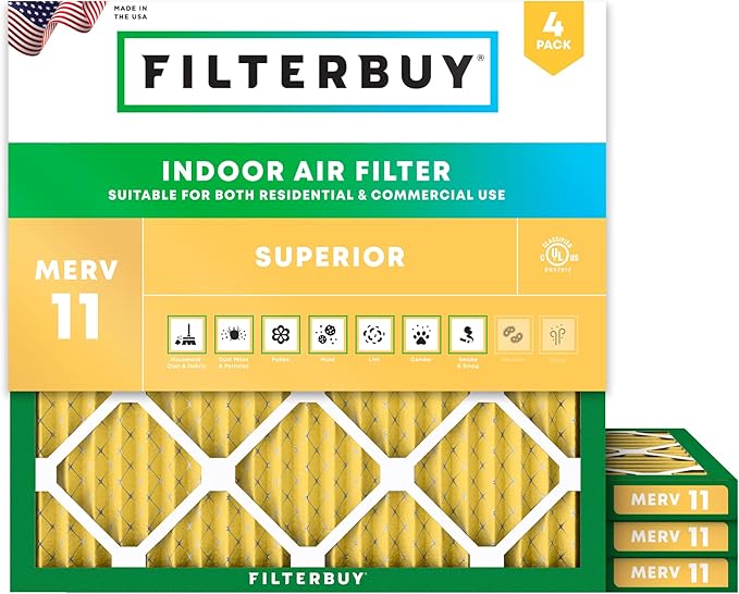 19x19x1 Air Filter MERV 11 Superior Pet & Allergy Defense (4-Pack), Electrostatic Pleated HVAC AC Furnace Filters Replacement