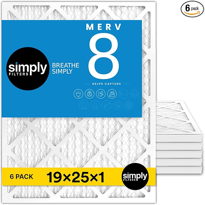 19x25x1 Air Filter, Merv 8, 6 Pack, For Home AC Furnace & HVAC (Actual Size: 18.75"x24.75"x0.75") DUST, Pet, & Allergy