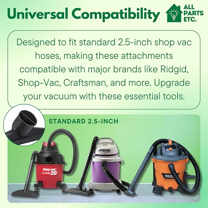 2 1/2 inch Attachments & Accessories 2.5 Wet Dry Vac - Extension Wands, Floor Brush, Dust Brush, Crevice Tool, Utility