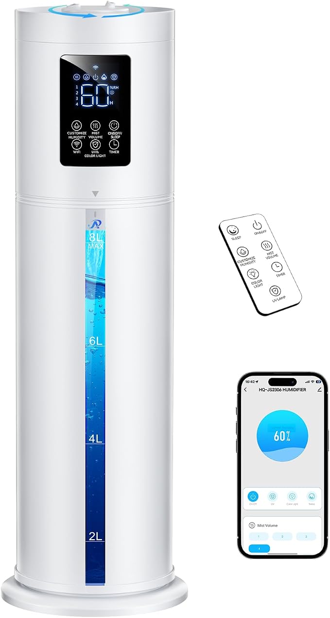 2.1Gal/8L Smart Humidifier Large Room, Top Fill Humidifiers for Bedroom with Diffuser, 7 Color Lights,16H Timer, Auto Mode