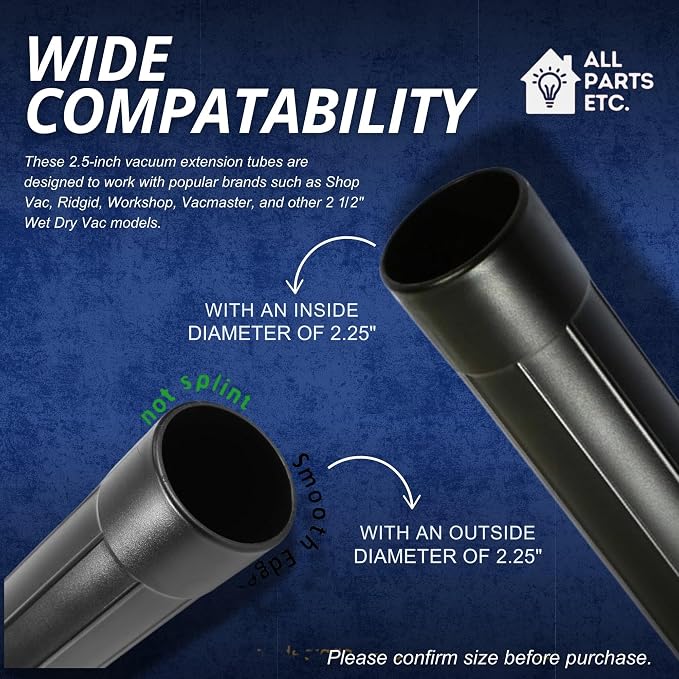 2.5 Inch Vacuum Extension Wands 19" Long for, Rigid, Workshop & More | 2-Pack Wet or Dry Hose Extension