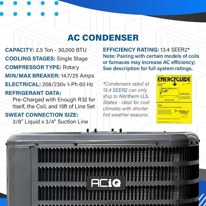 2.5 Ton 13.4+ SEER2 Central Air Conditioner Split System & Mobile Home Coil with 50ft Install Kit - R32 Single Stage | 30000