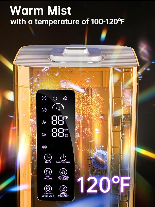 2.64Gal Humidifiers for Bedroom Large Room, Warm and Cool Mist up to 500ft2, Top Fill Diffuser Ambient Light, 3 Mist Modes