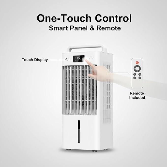 2.6Gal Portable Swamp Cooler Fan, Evaporative Air Cooler with HEPA Filter, Touch Control, Remote, 3 Speeds & 3 Modes, Ice