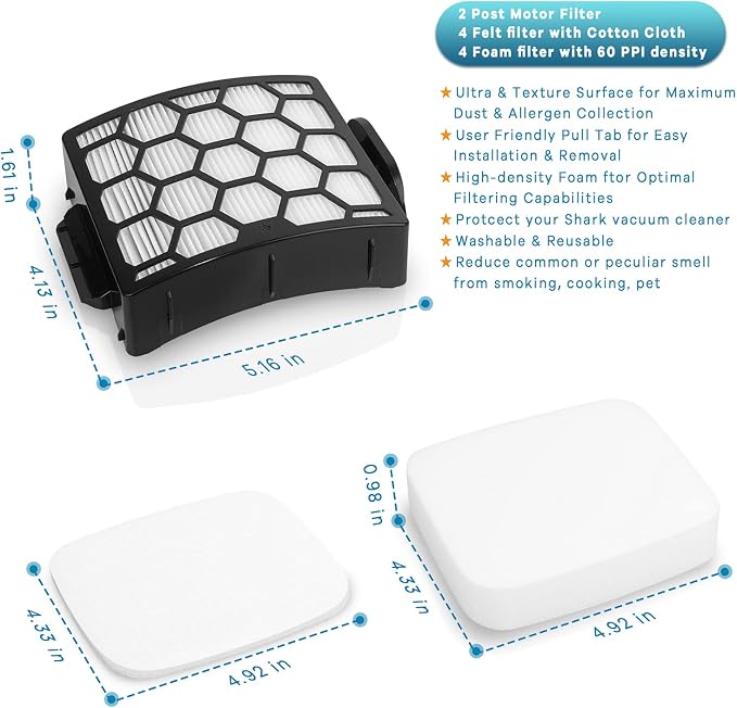 2 HEPA Filters and 4 Foam & Felt UV850 UV900 Filters Replacement for Shark Rotator Navigator Lift-Away ADV DuoClean PowerFins