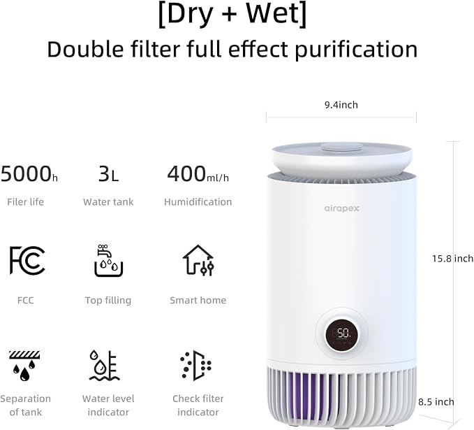 2 in 1 Air Purifier and Evaporative Humidifier Combo for Bedroom, H13 True HEPA Filter, alternate product view 7