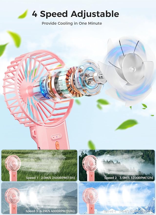 2 in 1 Mini Handheld & Desk 15H Quiet 4 Speed USB Rechargeable Fan, Pink, alternate product view 3