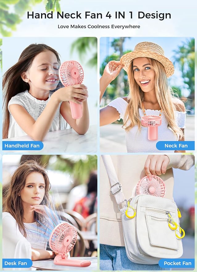 2 in 1 Mini Handheld & Desk 15H Quiet 4 Speed USB Rechargeable Fan, Pink, alternate product view 4