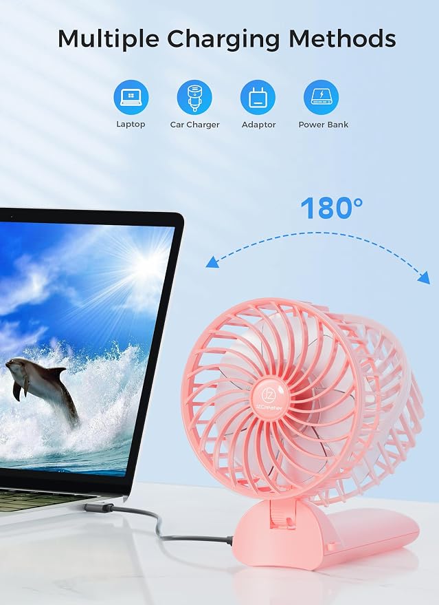 2 in 1 Mini Handheld & Desk 15H Quiet 4 Speed USB Rechargeable Fan, Pink, alternate product view 5