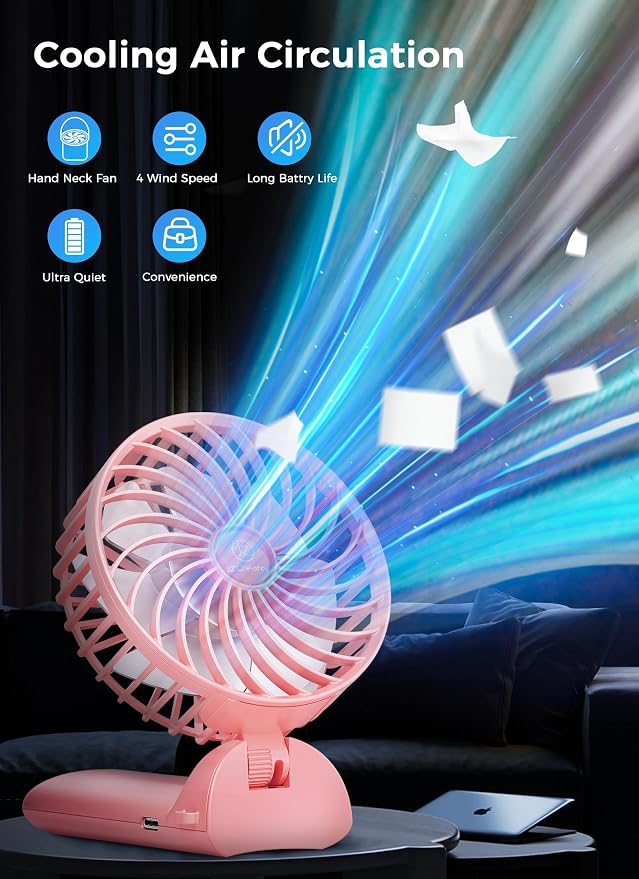 2 in 1 Mini Handheld & Desk 15H Quiet 4 Speed USB Rechargeable Fan, Pink, alternate product view 7
