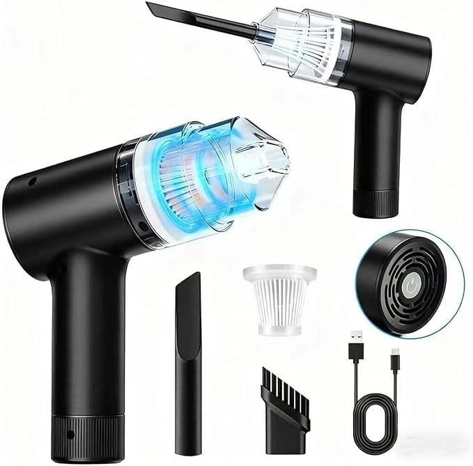 2-in-1 Wireless Handheld Vacuum & Air Duster, Portable with Strong Suction, LED Light and Multi-Nozzles, Perfect for Car