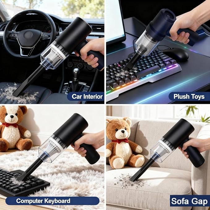 2-in-1 Wireless Handheld Vacuum & Air Duster, Portable with Strong Suction, LED Light and Multi-Nozzles, Perfect for Car